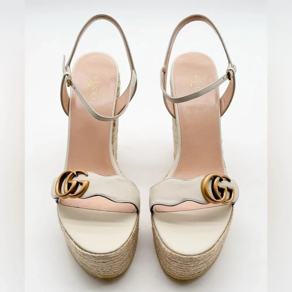 Gucci Aitana GG Marmont Espadrille Platform Wedge Sandal White Leather EU 41.5